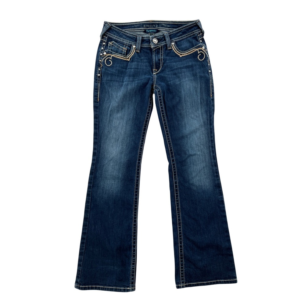 Ariat Turquoise Bootcut Jeans Women 28R (30x32) Dark Wash Embroidered Rhinestone